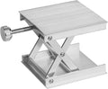 Laboratory lifting platform jack with threaded screw and round hand wheel, silver metal