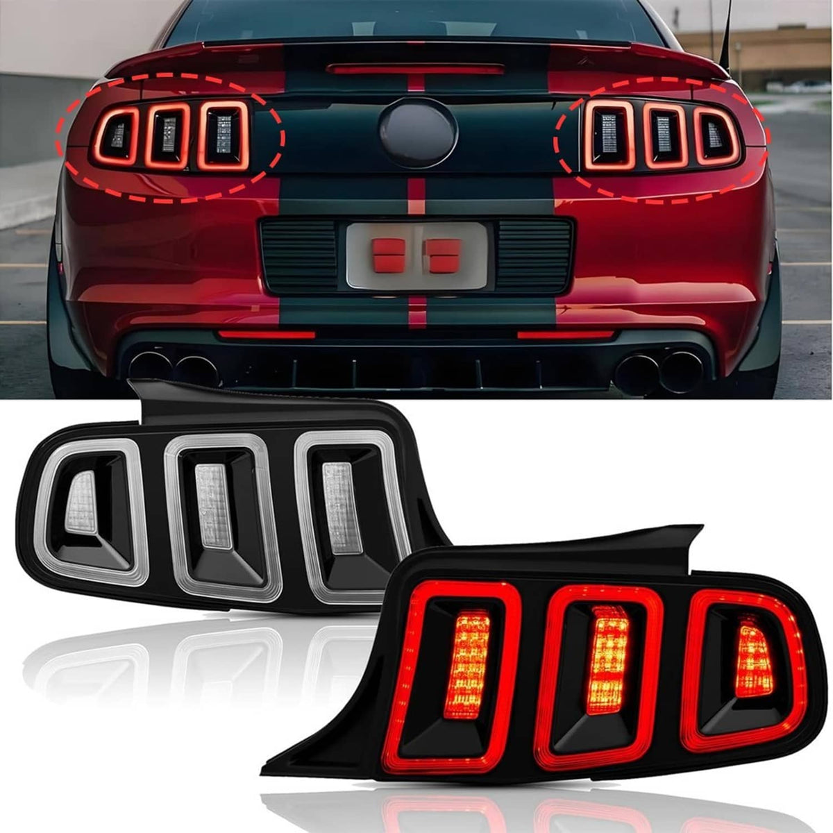 Black housing LED tail light with red sequential brake and turn light bars