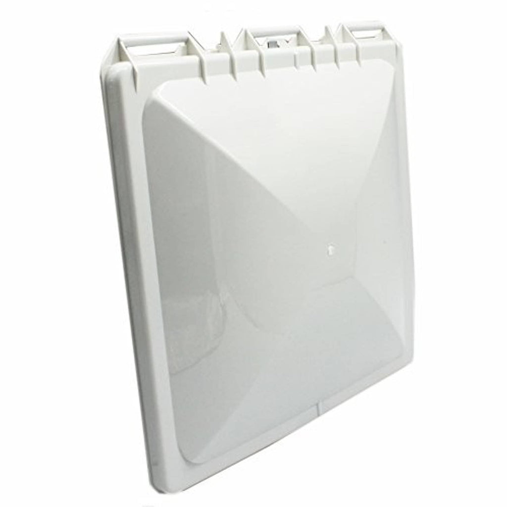 White roof vent lid back view with hinge supports and latch slots