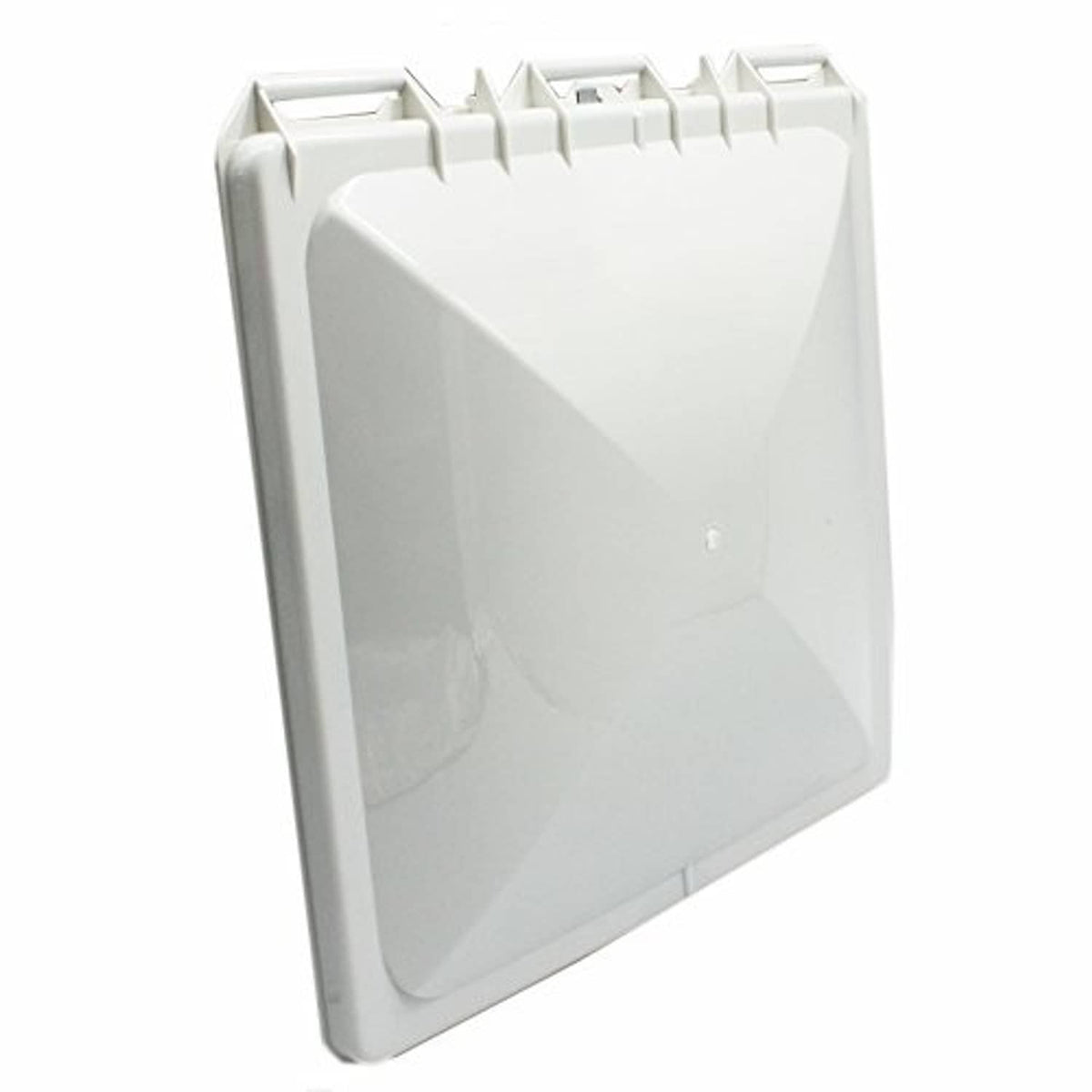 White roof vent lid back view with hinge supports and latch slots
