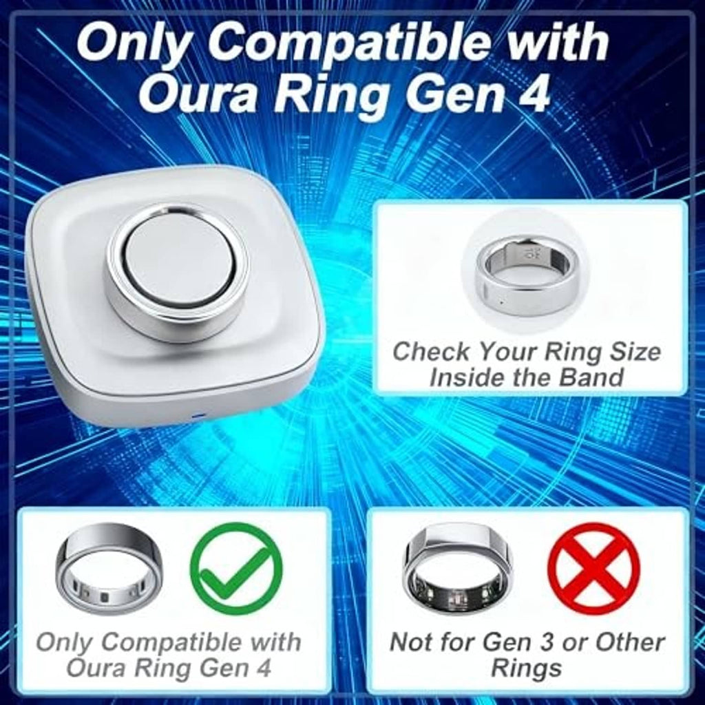 White smart ring charger dock with circular metal contact, compatibility graphic panel included