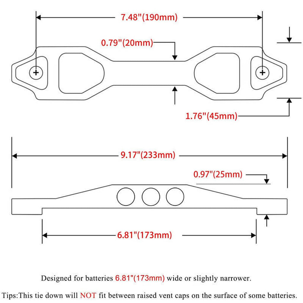 Long silver battery tie-down bracket bar with four hole openings and mounting points