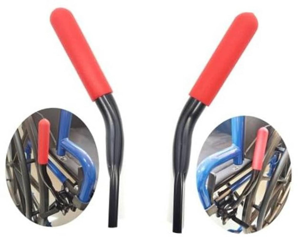 Wheelchair brake handle extensions with red grips and curved black arms