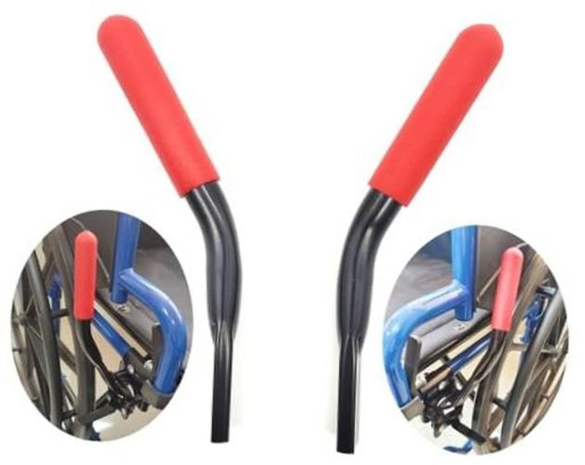 Wheelchair brake handle extensions with red grips and curved black arms