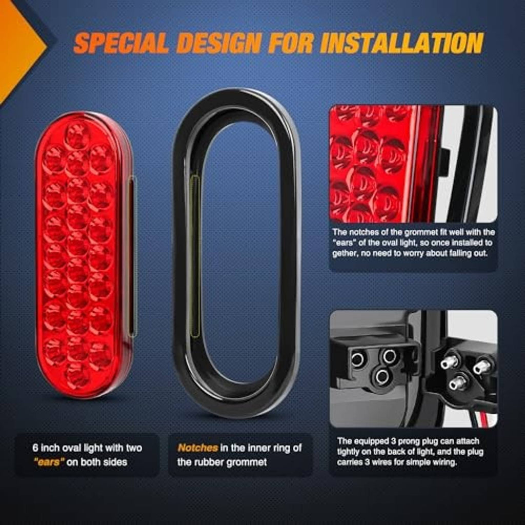 Oval red 24-LED trailer tail light with rubber grommet and 3-pin plug connector