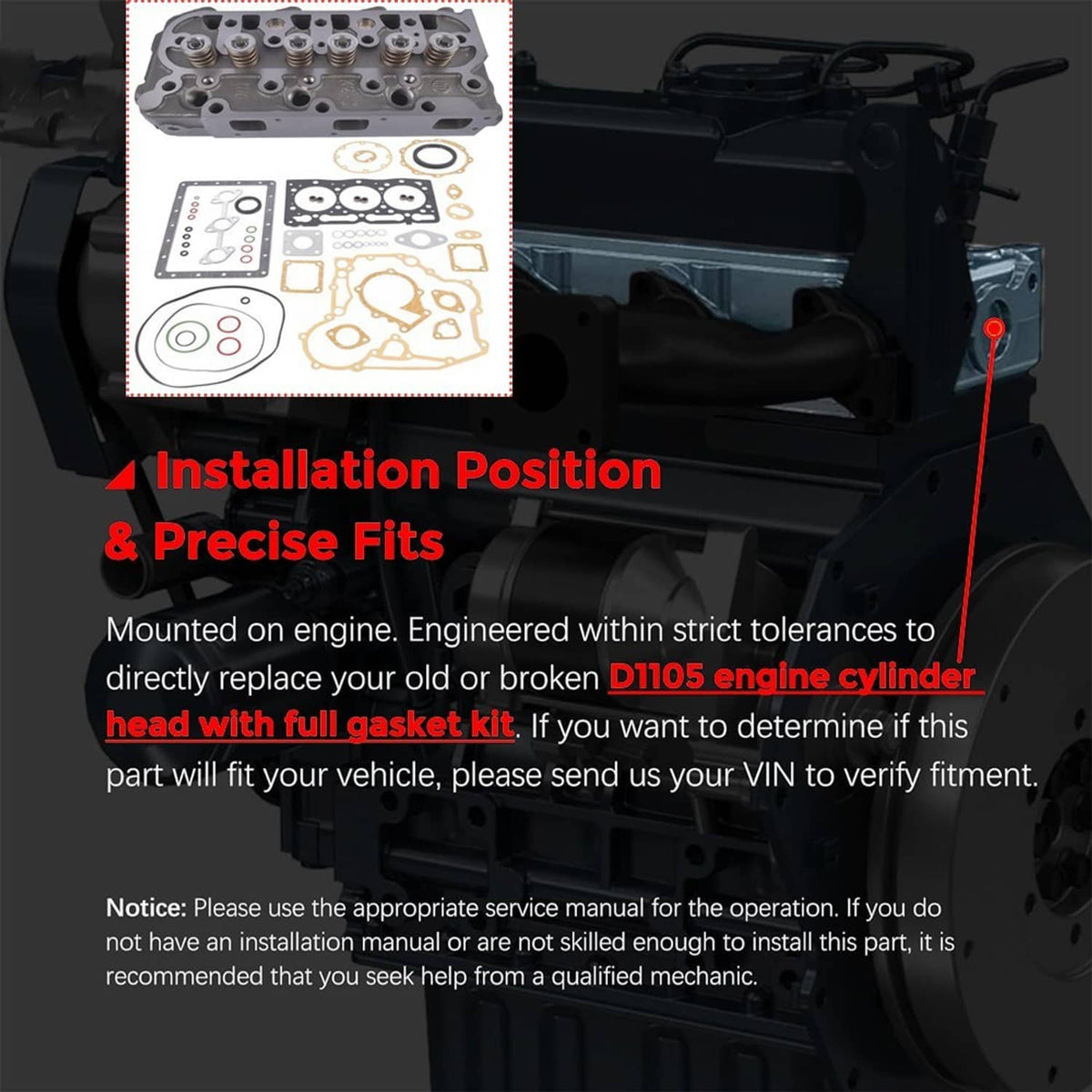 Engine-mounted cylinder head with full gasket kit, showing packaged gasket components