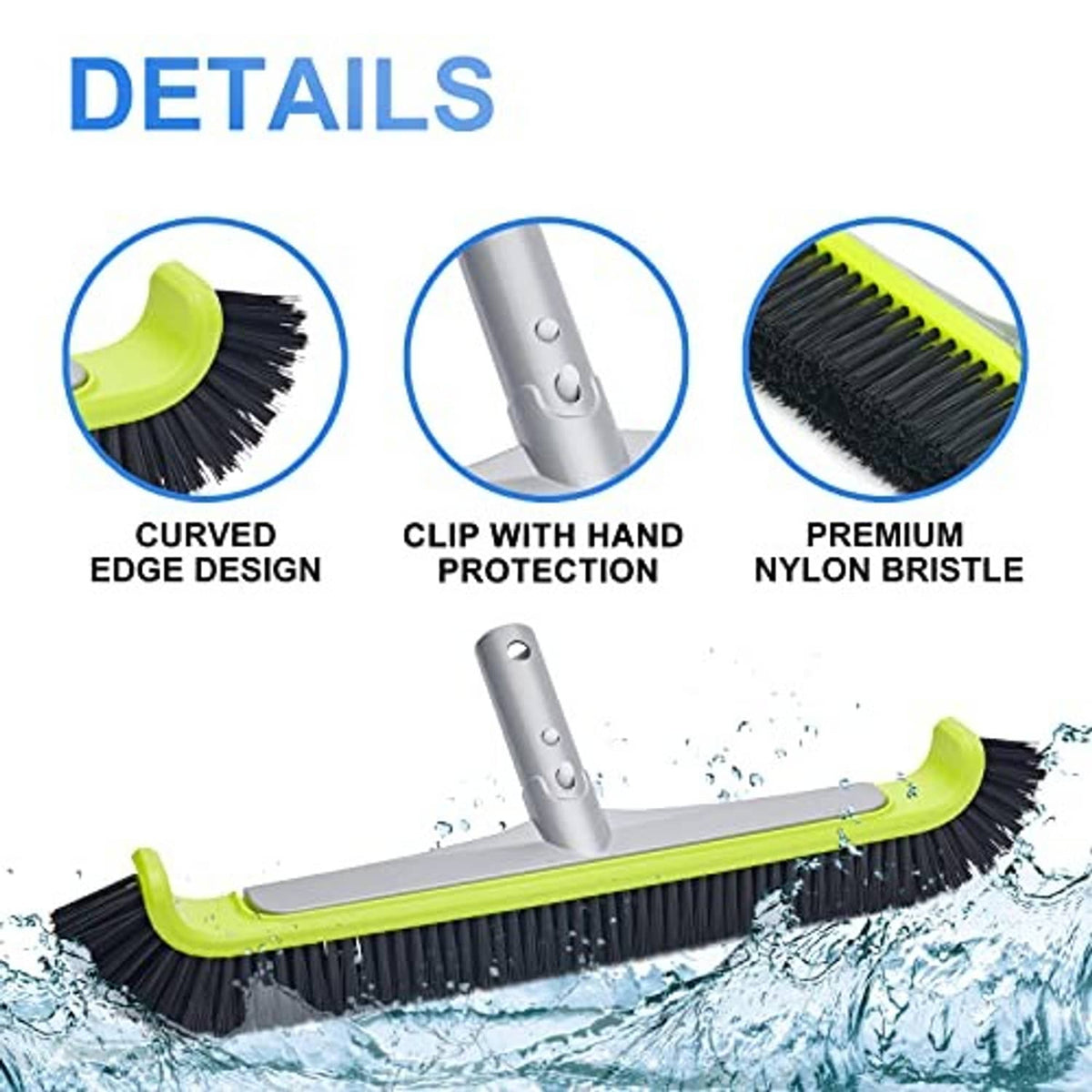 Pool wall brush head with curved edge, nylon bristles, and hand-protection clip