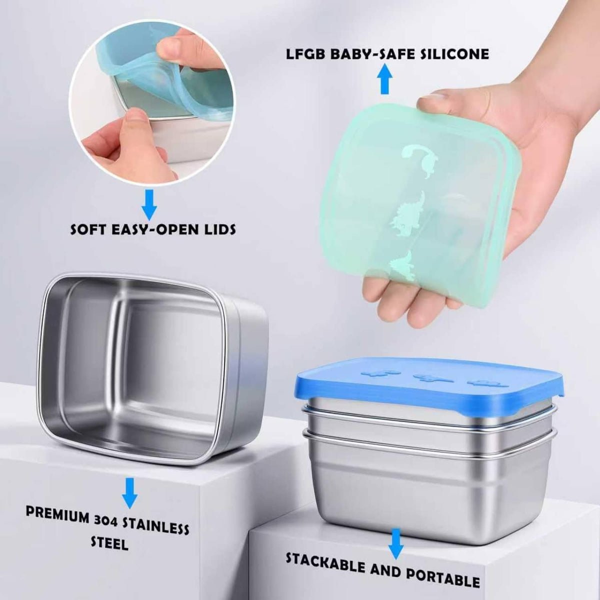 Tanjiae 3-pack stainless steel snack containers with soft silicone dino lids, stackable