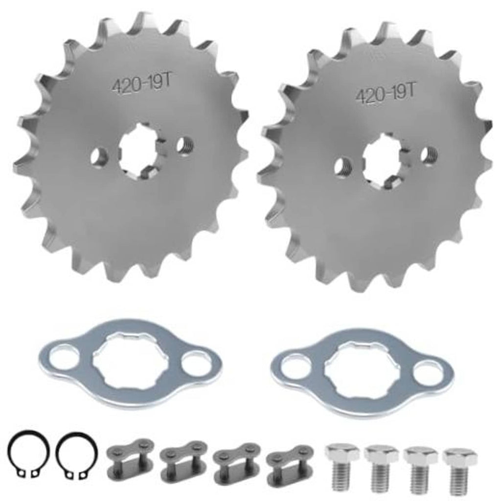 Motorcycle front engine sprocket 2-pack, 420-19T, with mounting hardware and bolts
