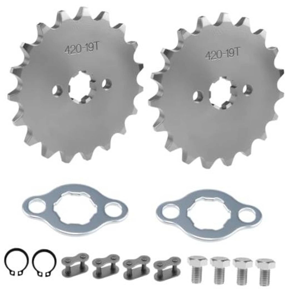 Motorcycle front engine sprocket 2-pack, 420-19T, with mounting hardware and bolts