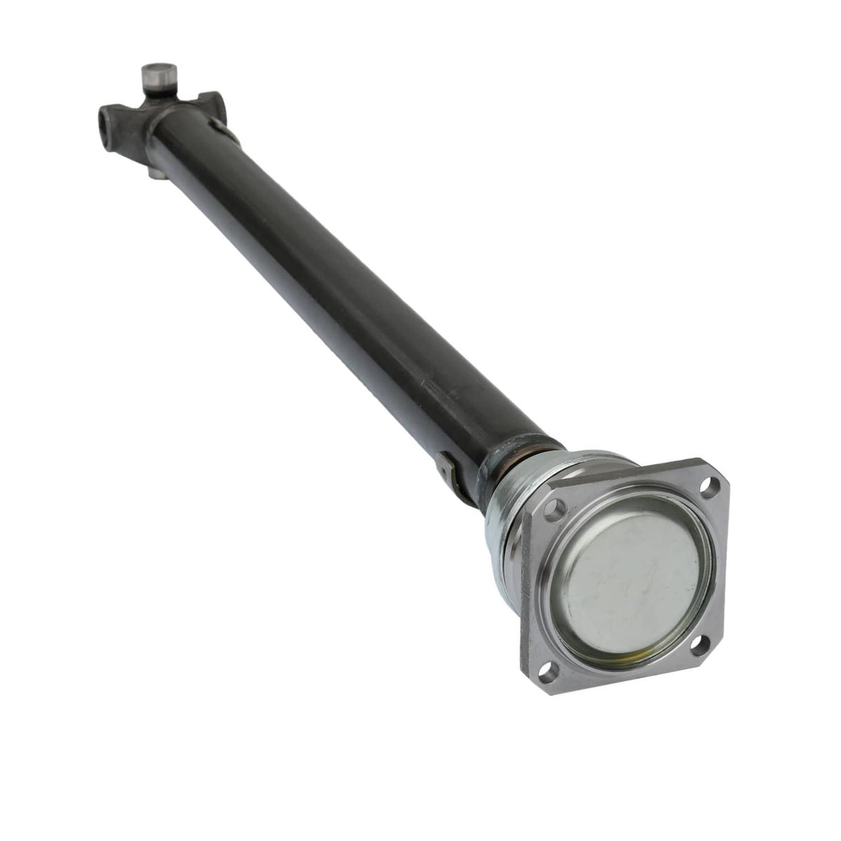 Front prop drive shaft assembly with round flange housing and dark metal shaft