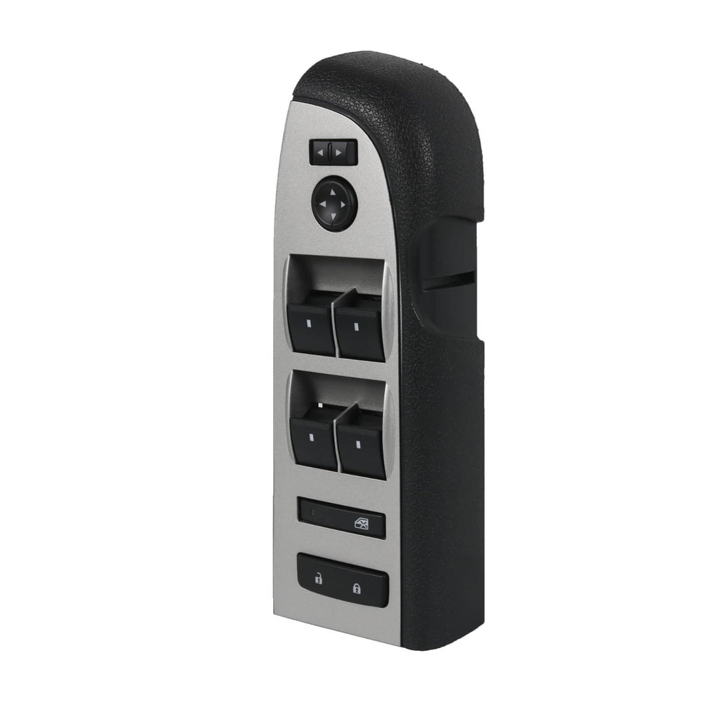 Power window switch with black bezel; window and lock buttons on light gray face.