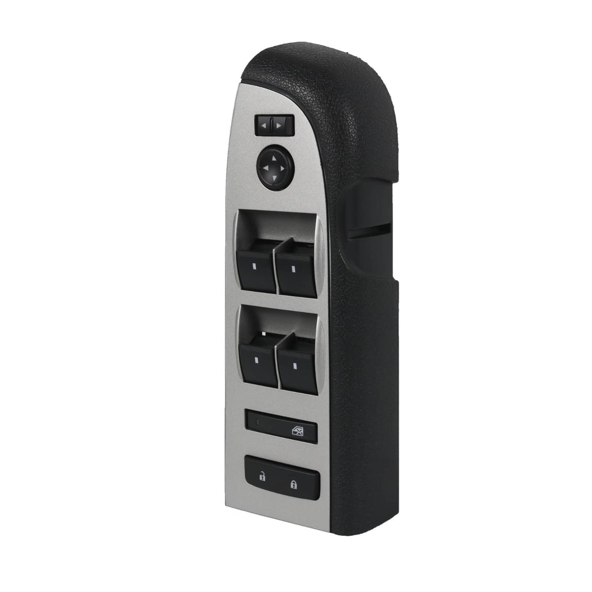 Power window switch with black bezel; window and lock buttons on light gray face.