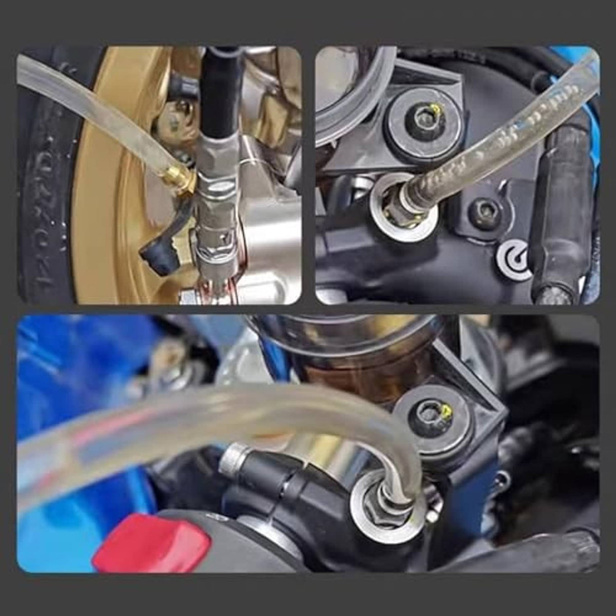 Brake bleeder kit hoses connected to brake components, showing check valve hardware.