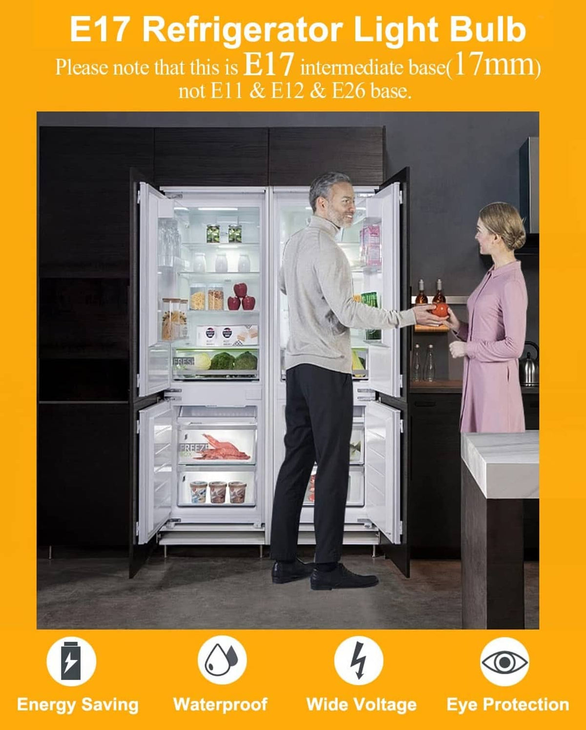 E17 refrigerator light bulb with clear cover, frosted sleeve, and silver screw base