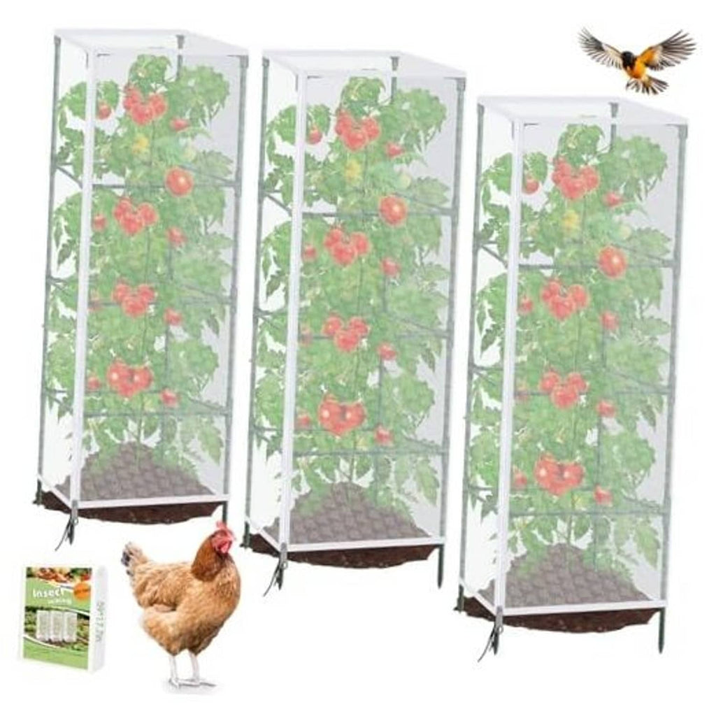 Garden tomato plant protection netting set, white mesh tent frames with doors