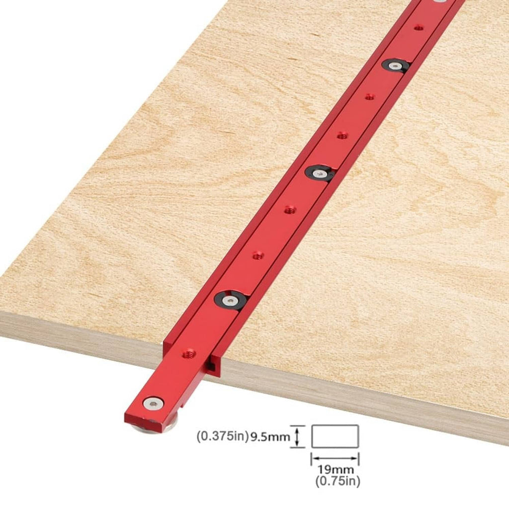 Red miter bar clamp securing a light wood board with steel roller end