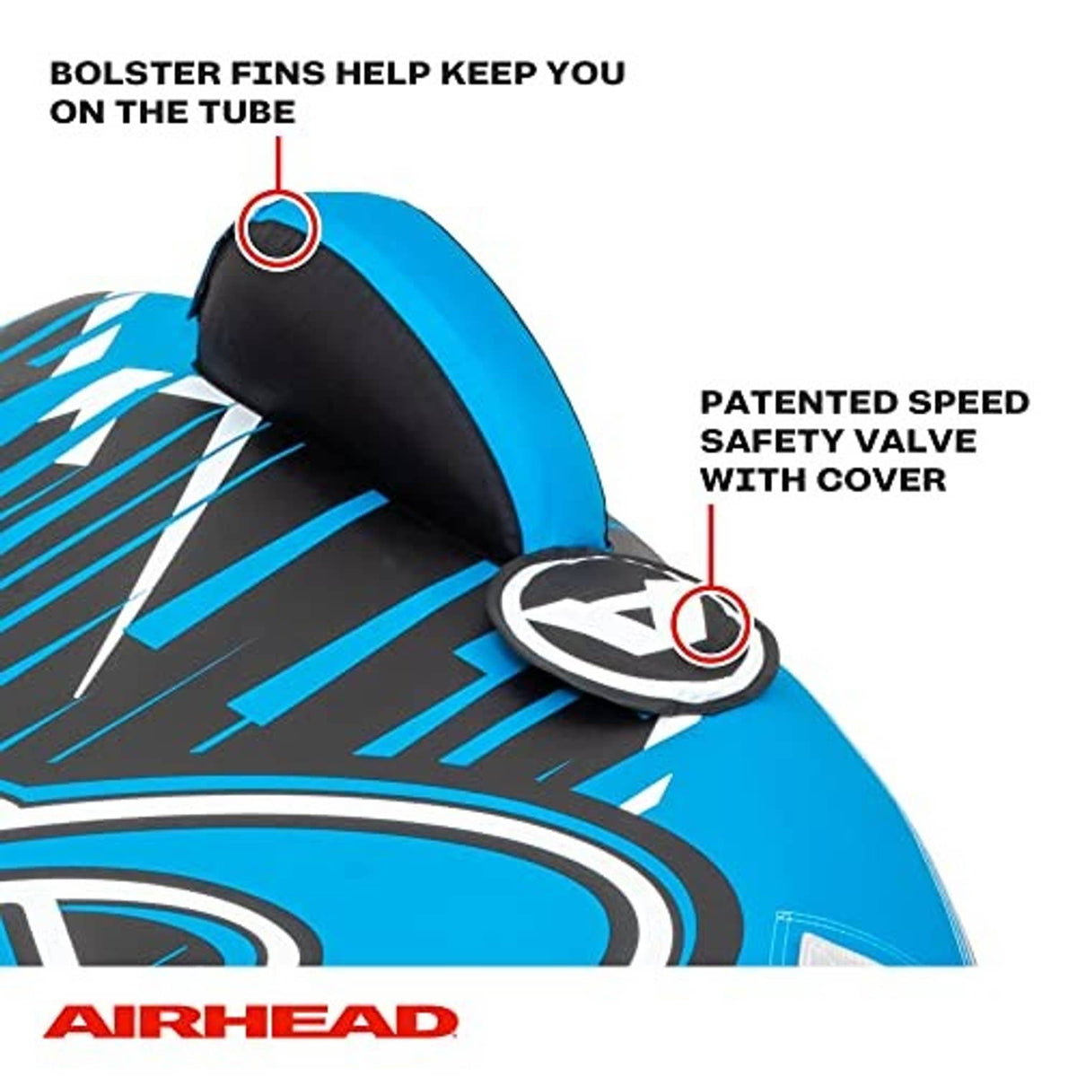 Blue and white inflatable towable tube with bolstered fins and covered speed safety valve