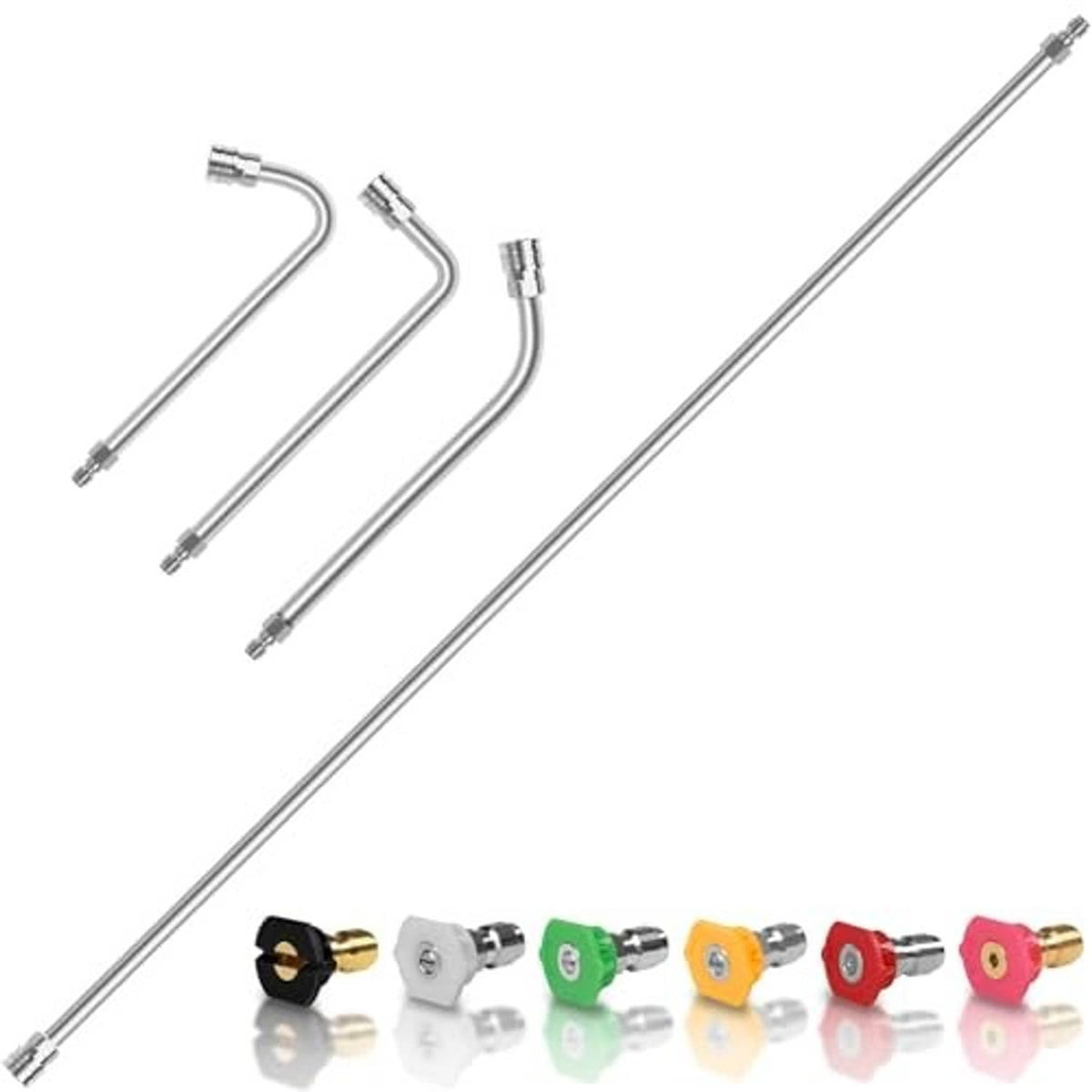 60-inch stainless extension wand with colorful nozzle tips and quick-connect ends