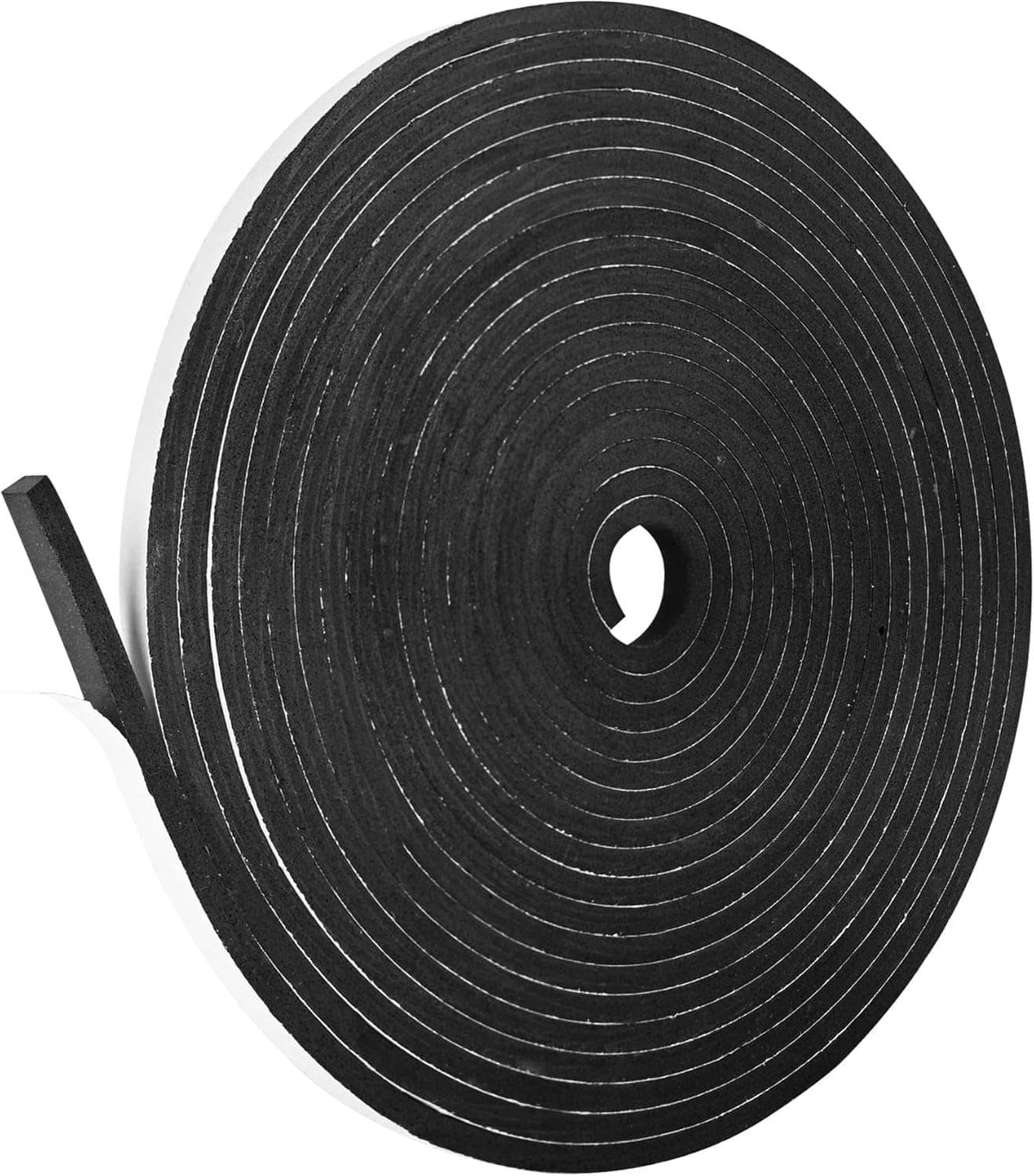 Black self-adhesive foam weatherstrip tape roll with release backing visible