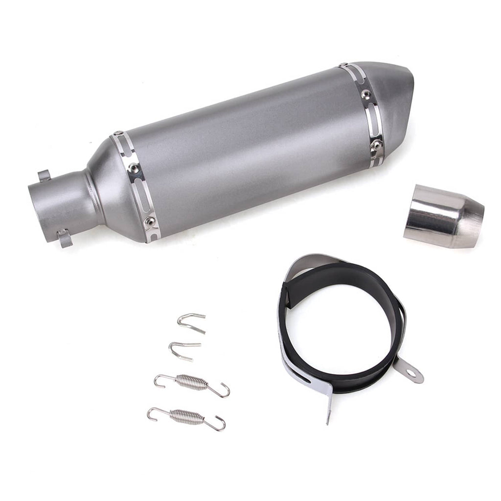 Universal motorcycle exhaust muffler pipe with black clamp band, springs, and mounting hardware