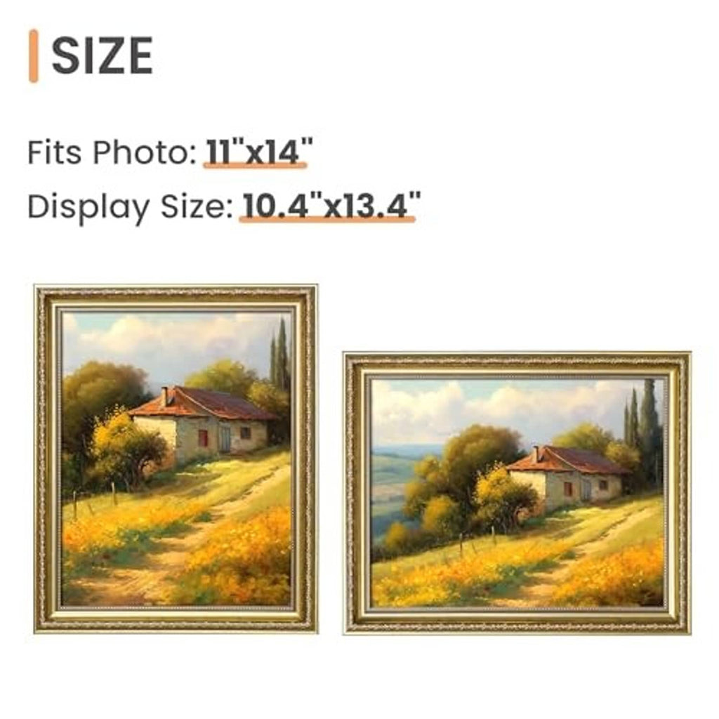 Gold ornate 11x14 picture frame design shown in two orientations