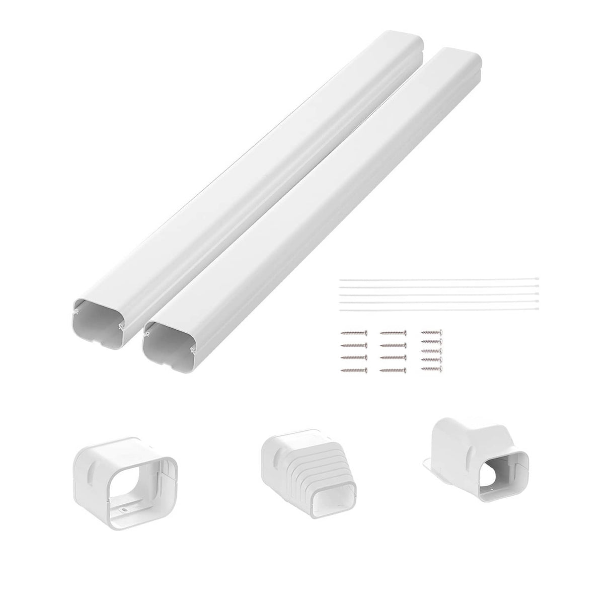 White PVC line set cover kit with two long covers, end caps, and included hardware