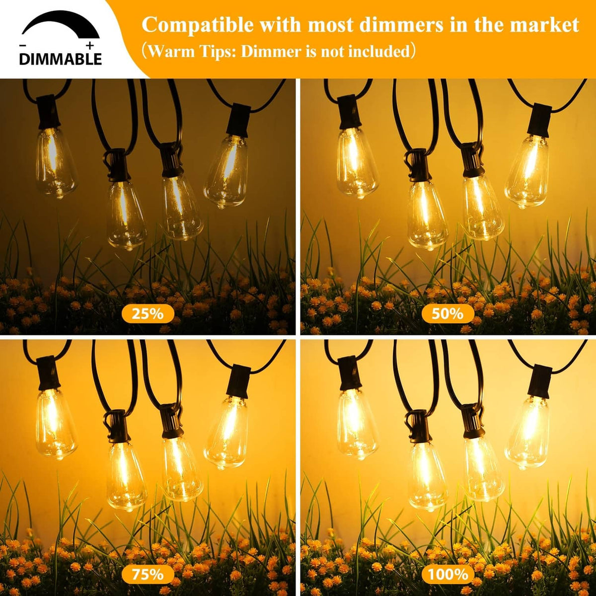 Outdoor dimmable string lights with warm amber bulbs on black wire