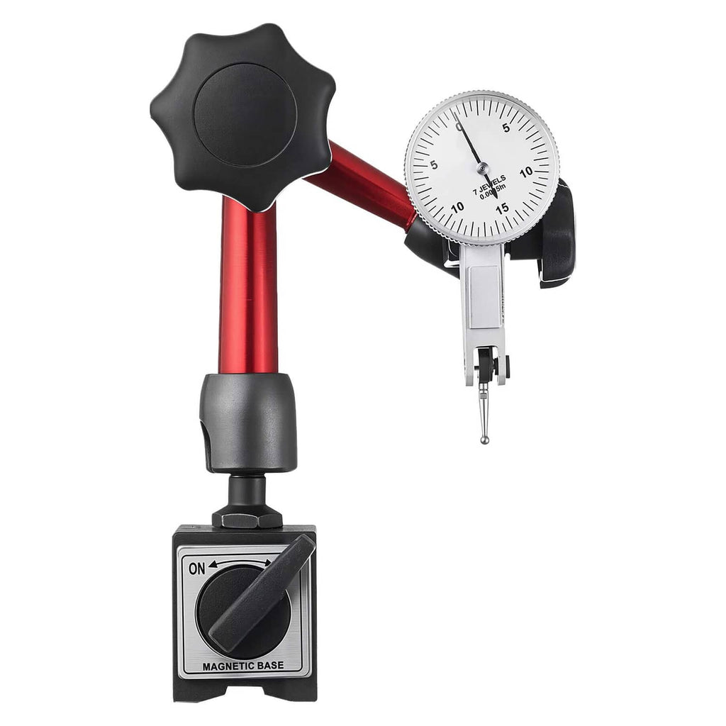 Magnetic dial test indicator with red post and white gauge dial on a black magnetic base
