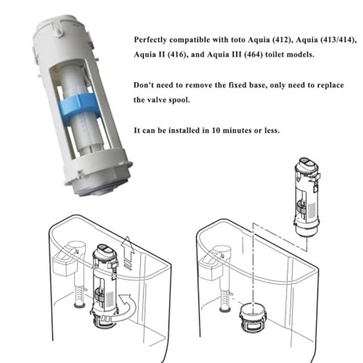 Toilet flush valve replacement part, angled view with internal components shown