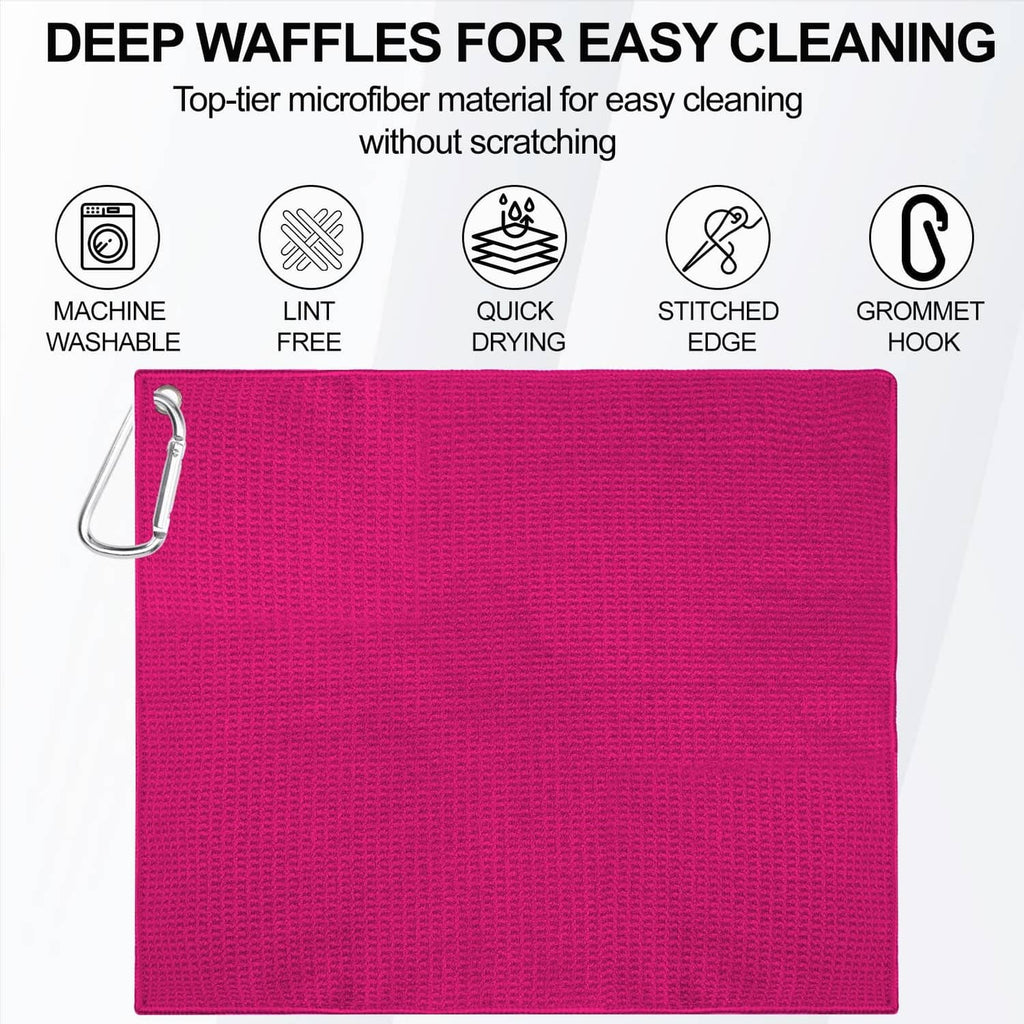 Pink waffle-texture microfiber golf towel with metal grommet hook clip