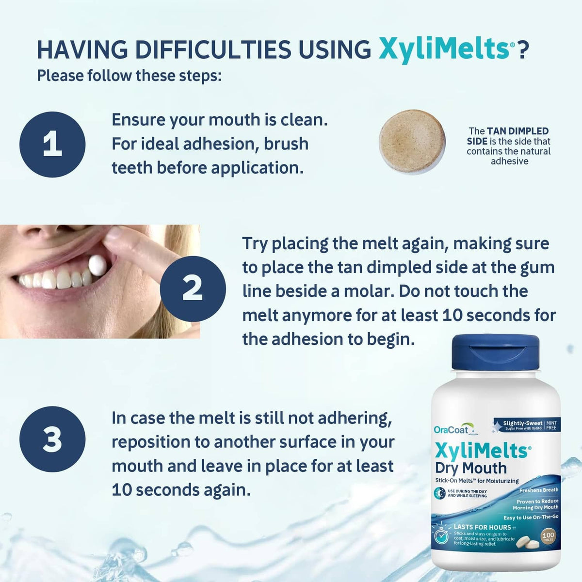 XyliMelts troubleshooting steps showing disc reapplication and bottle