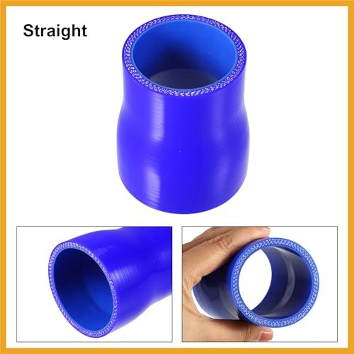 Blue straight silicone reducer hose coupler, wide end with reinforced dotted edge