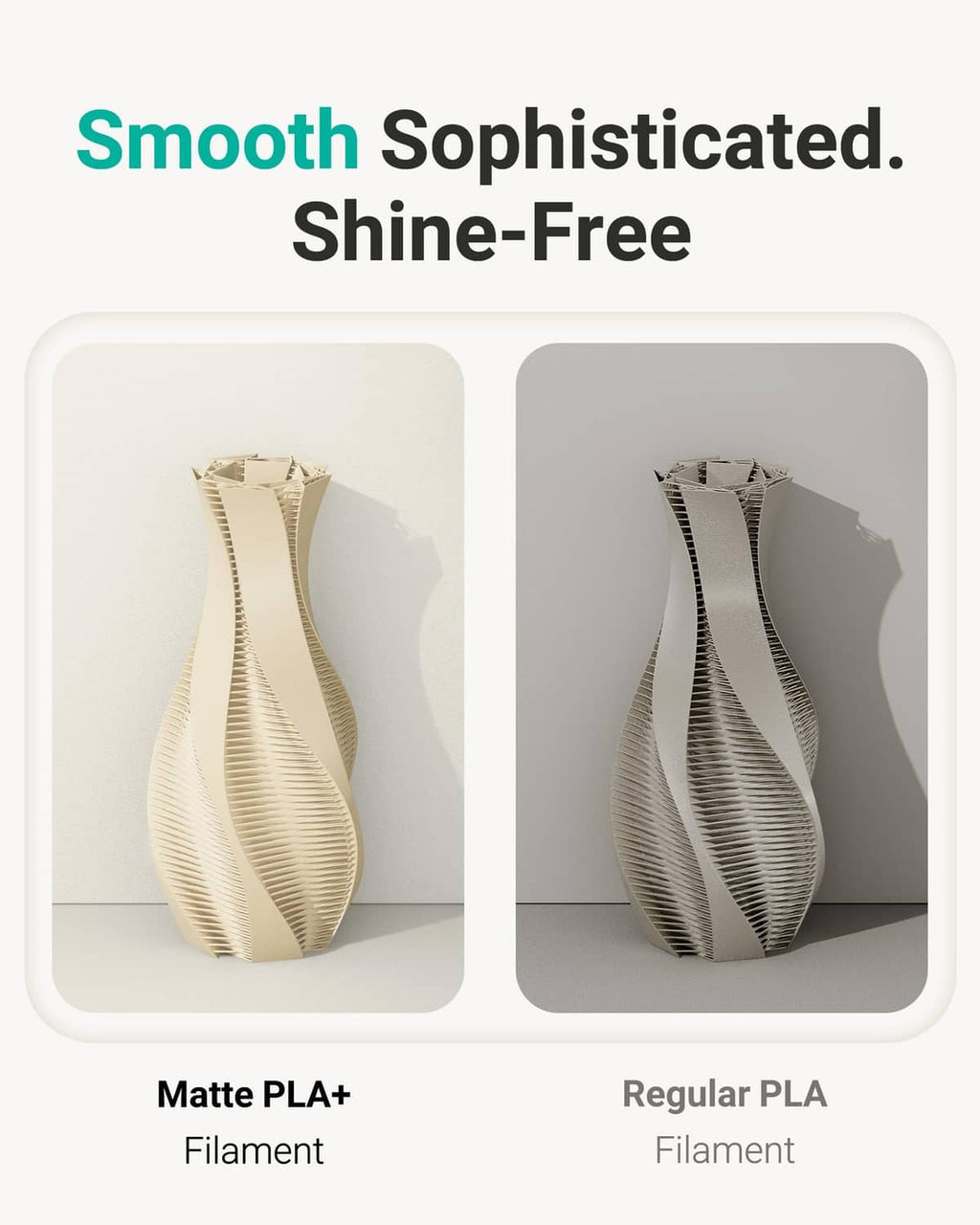 Two 3D printed vases with smooth matte finish, beige and gray tones