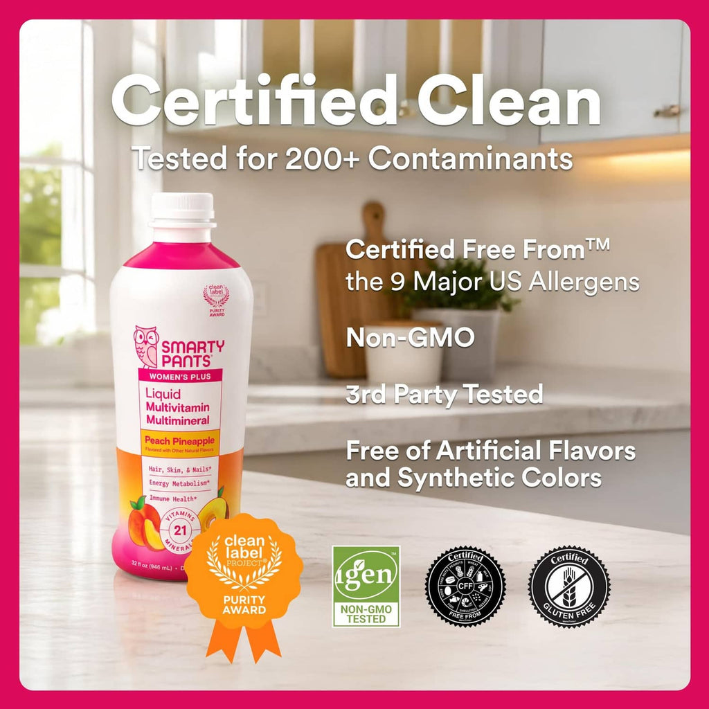 Pink liquid multivitamin bottle with clean label certification badges