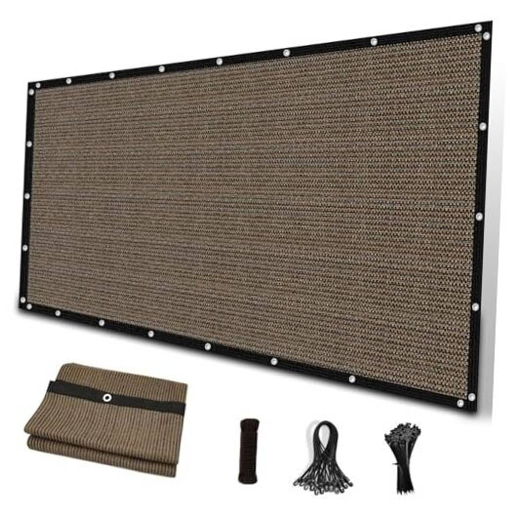 Brown mesh pergola shade cloth panel with metal grommets along all edges
