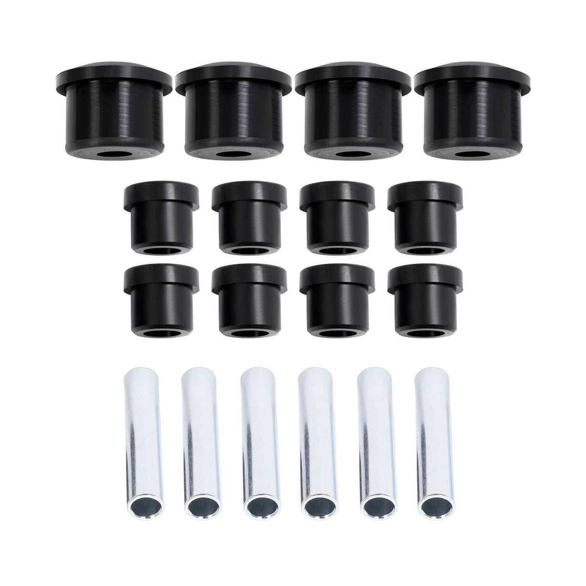 Close-up of black leaf spring bushings and silver steel sleeves included in the kit