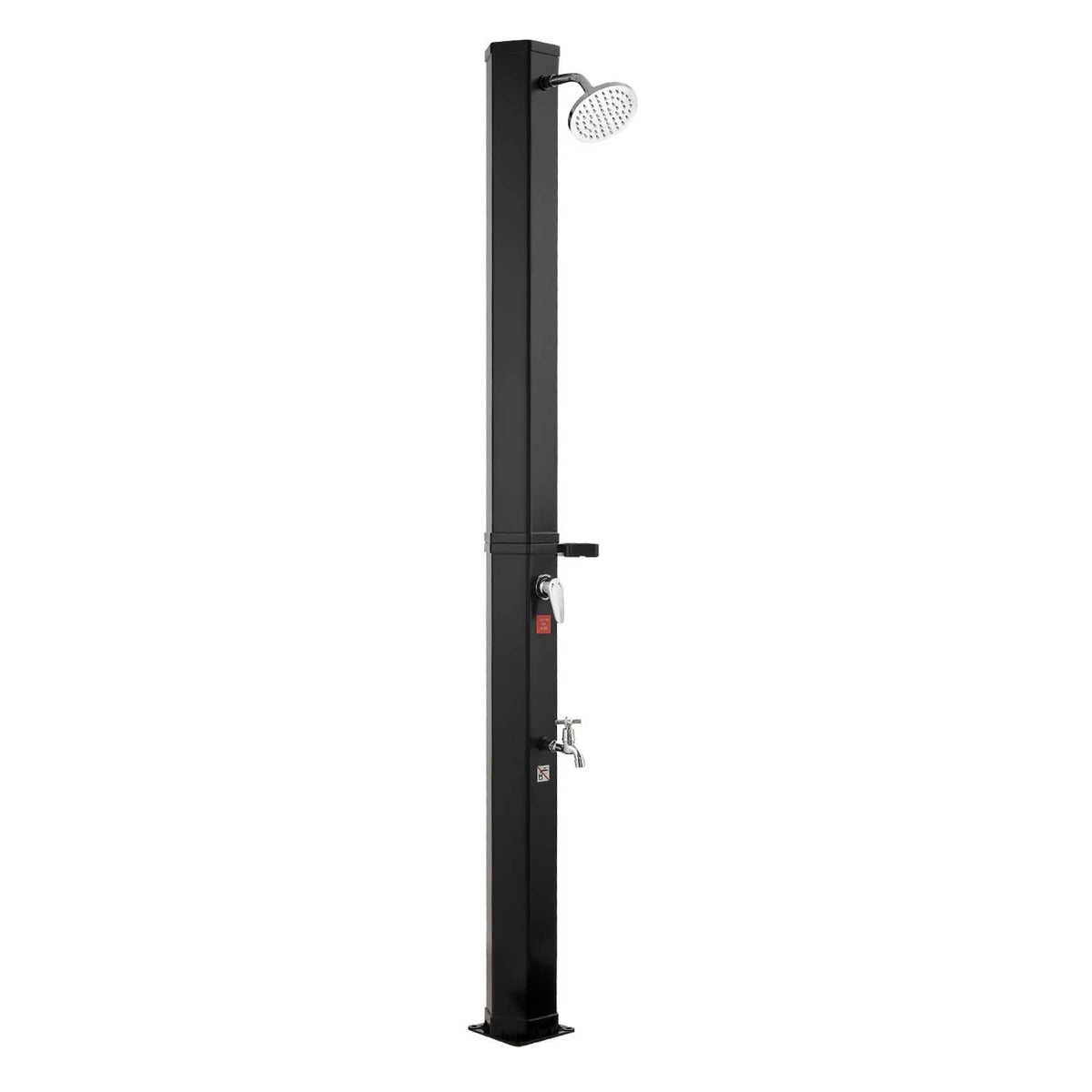 Uimoso solar outdoor shower with tall black column, handheld showerhead, and dual valve handles