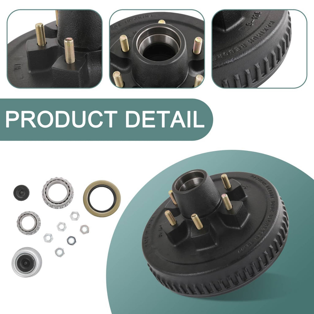 Trailer brake hub drum kit close-up with mounting studs and black vented drum edge
