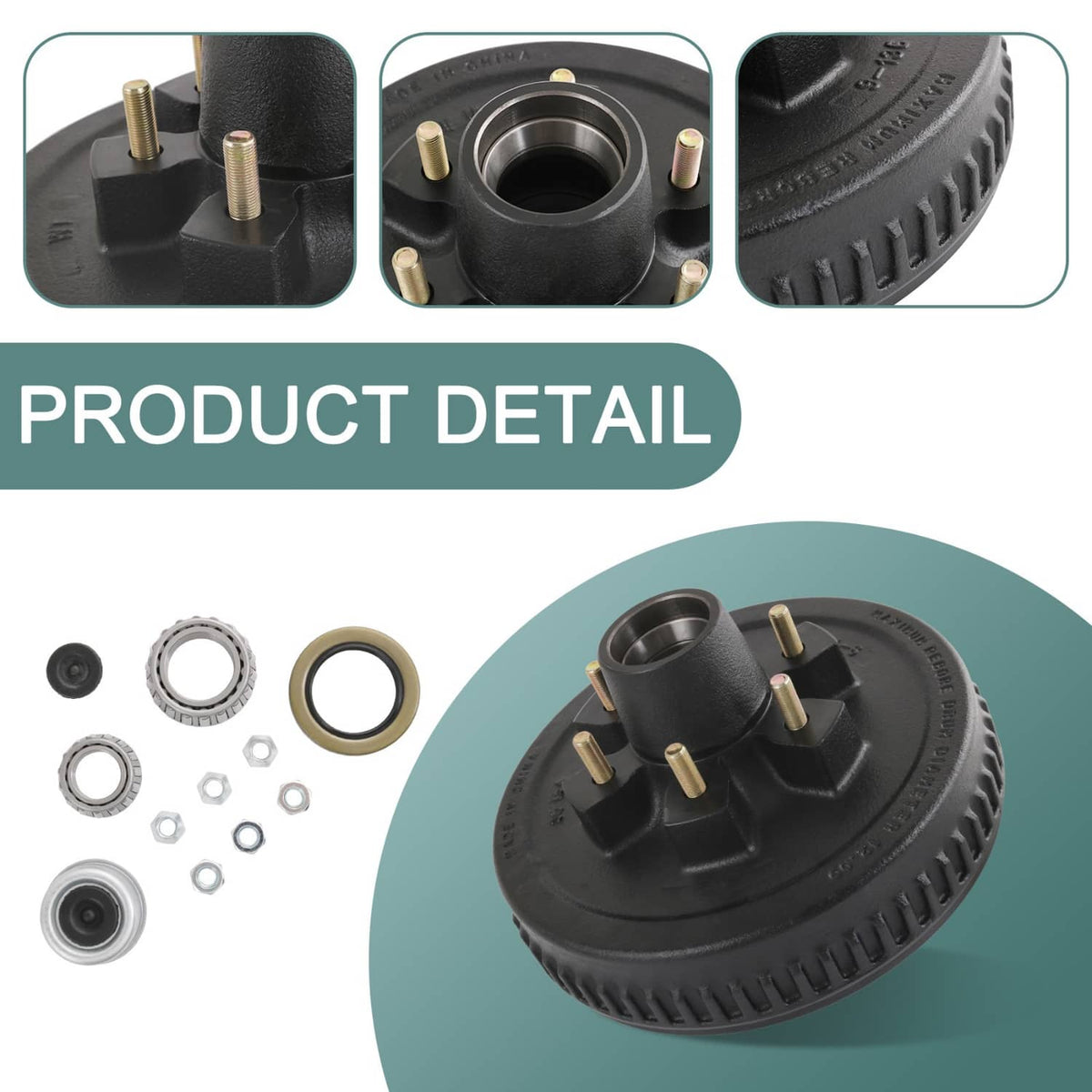 Trailer brake hub drum kit close-up with mounting studs and black vented drum edge