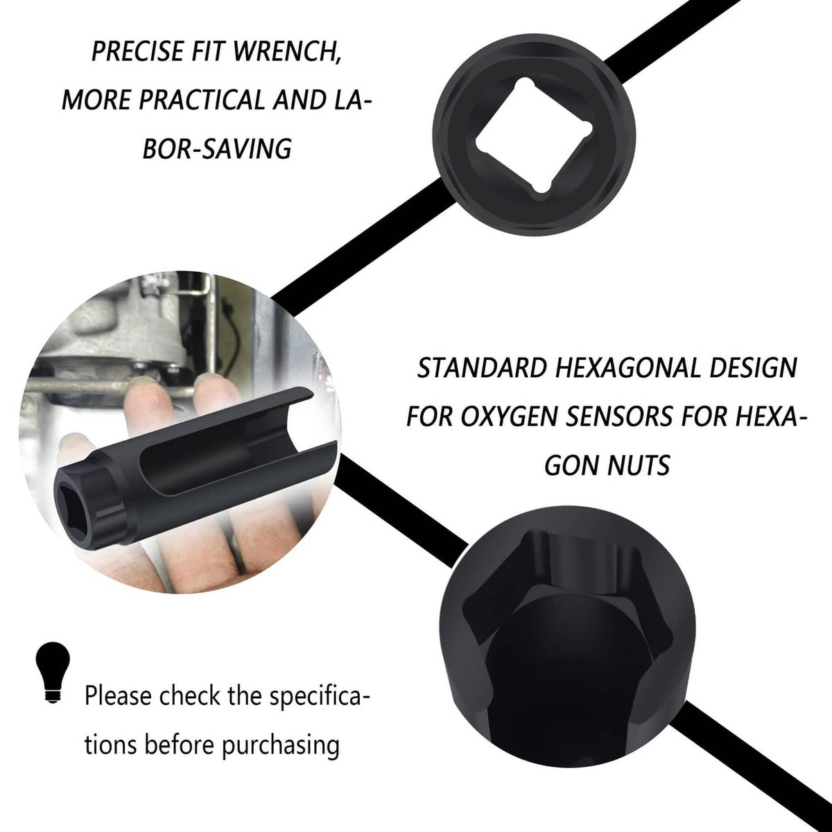 Black O2 sensor hex socket design for hex nuts and precise fit wrench access
