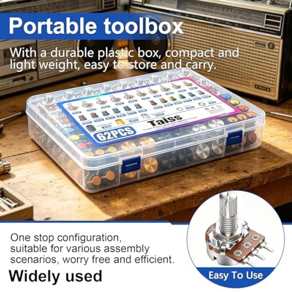 Potentiometer kit in transparent portable box with multicolor knobs and metal modules
