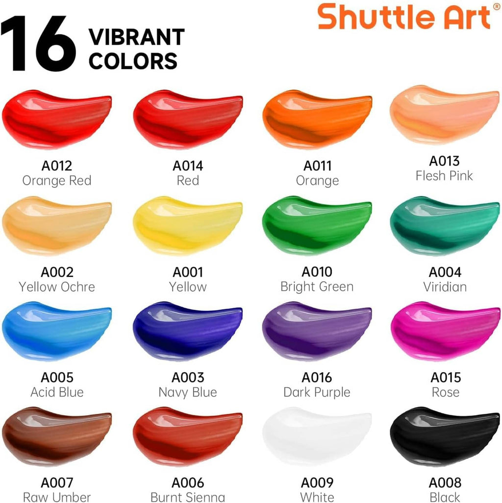 Sheet showing 16 acrylic paint color swatches, including red, yellow, green, blue, purple