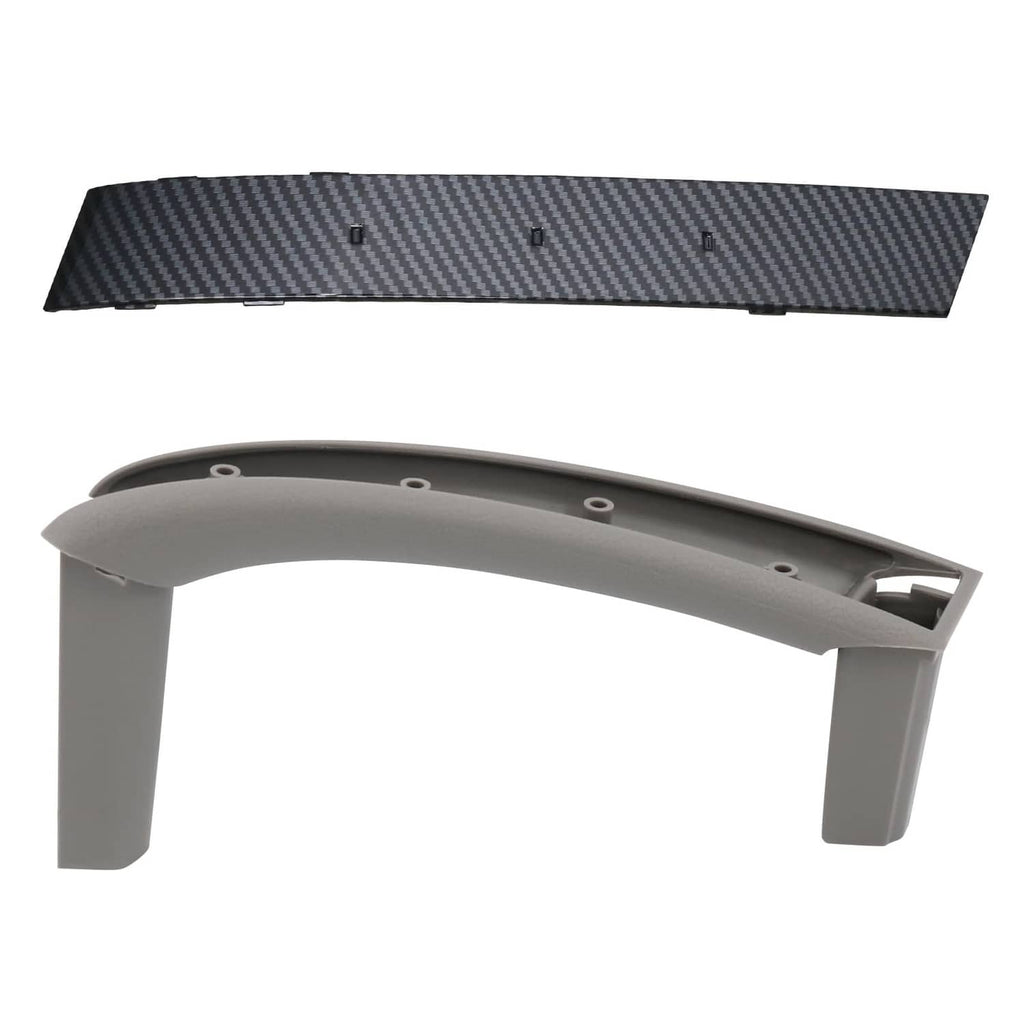 Gray door pull handle with carbon fiber trim panel and mounting holes