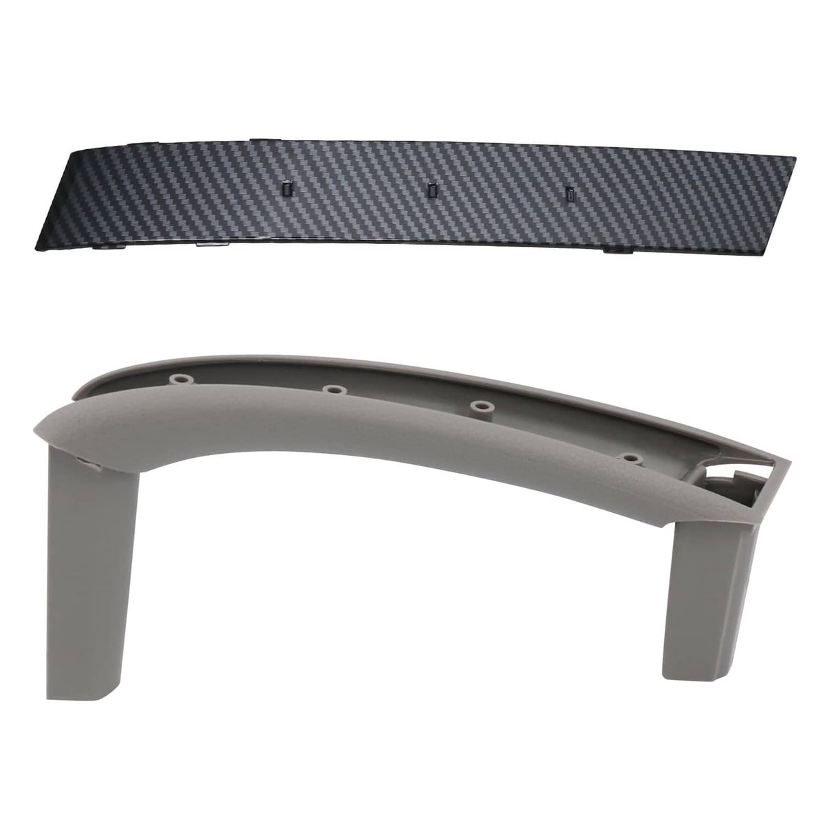 Gray door pull handle with carbon fiber trim panel and mounting holes