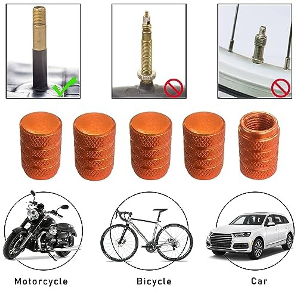 Five orange aluminum tire valve stem caps with threaded metal core