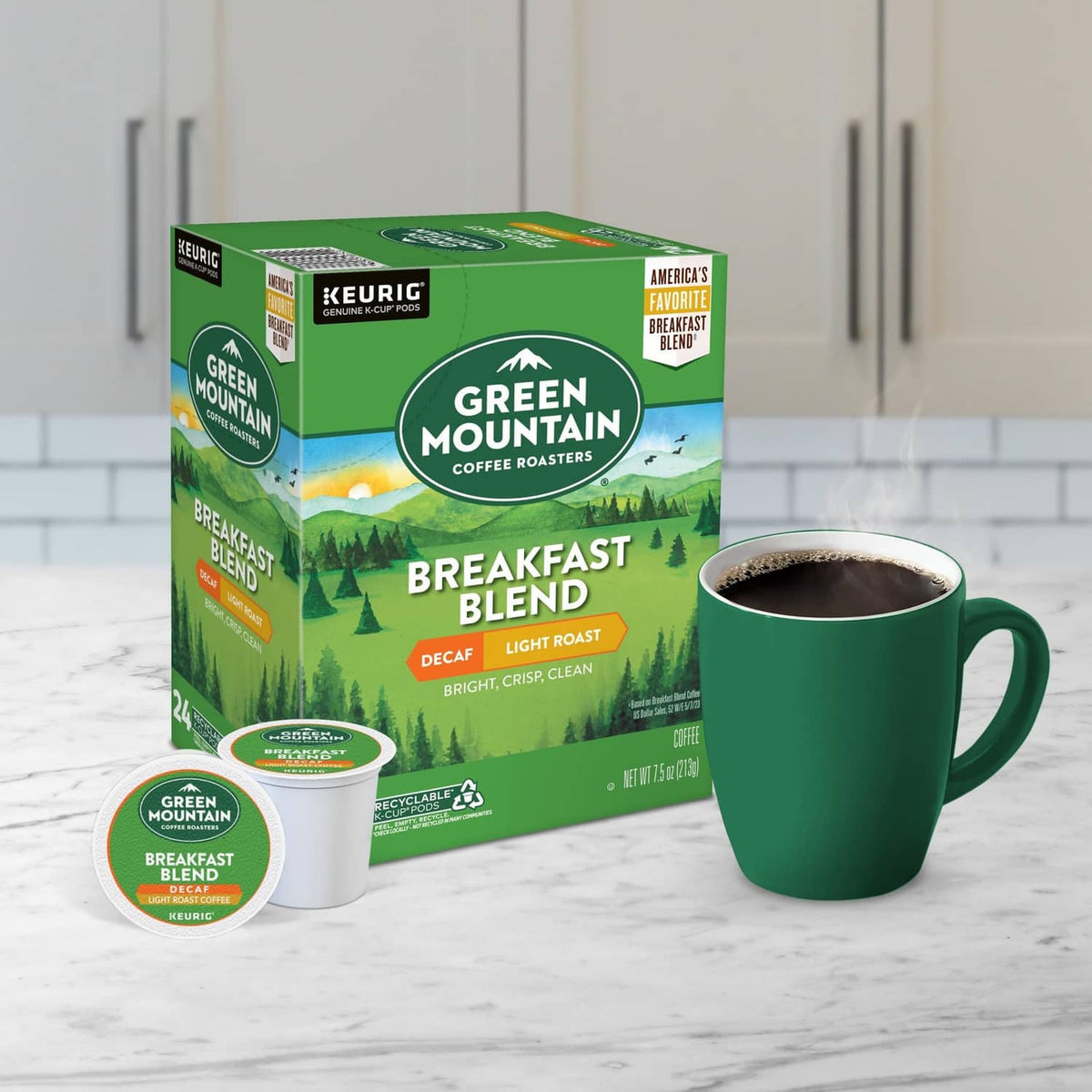 Green Mountain Breakfast Blend decaf K-Cup pods box with green mug and pod cup