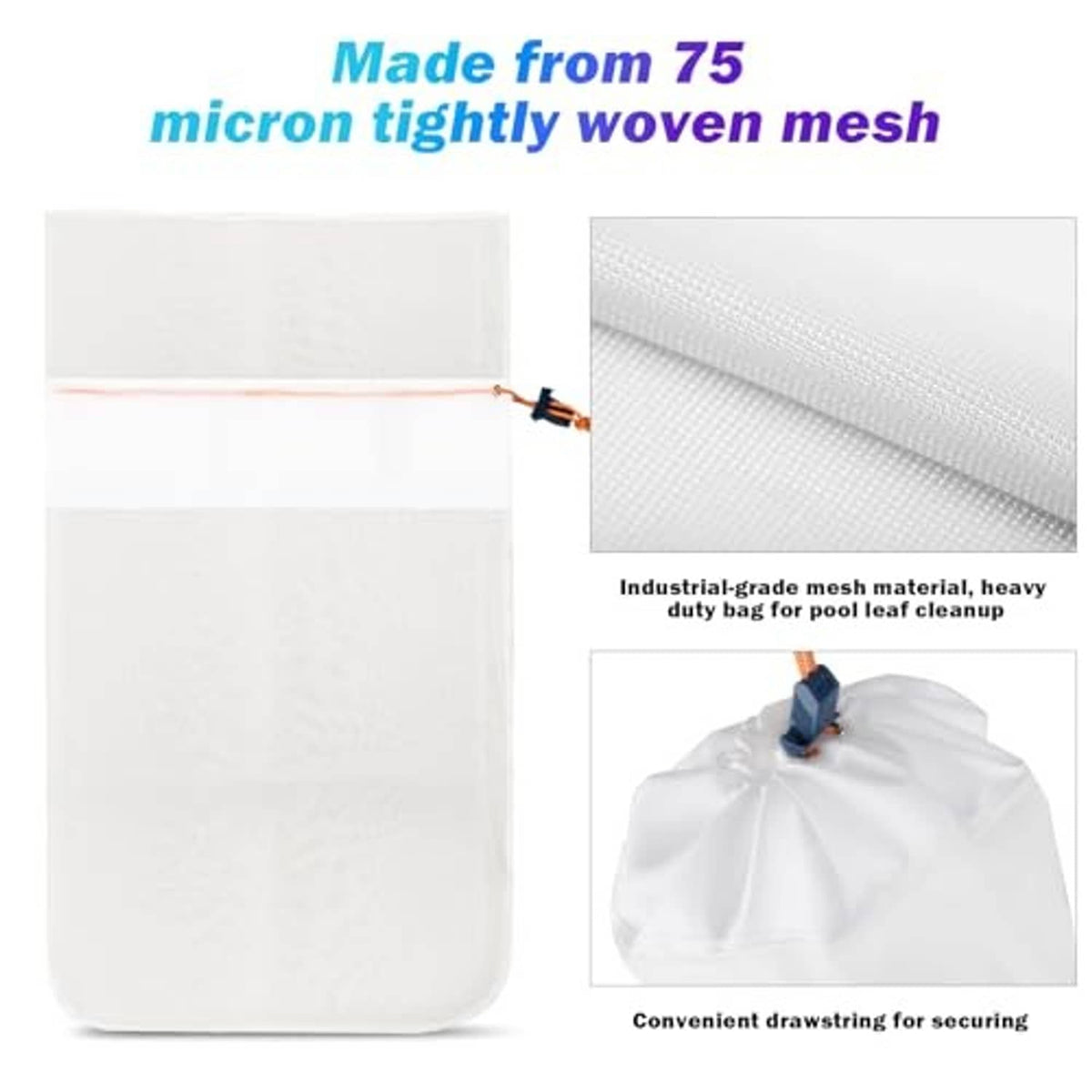 White ultra-fine woven mesh debris bag with drawstring-style closure