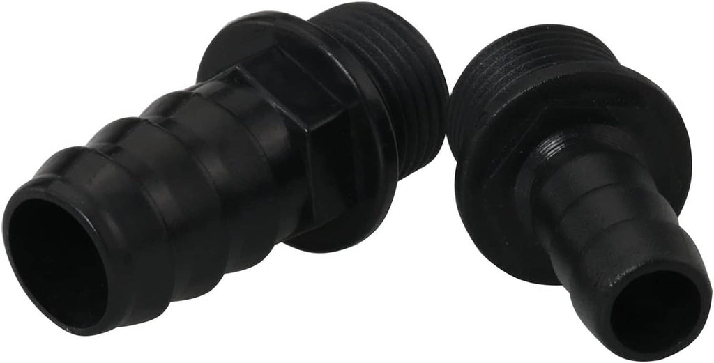 Pair of black plastic nozzle adapters with barbed ends and threaded bases