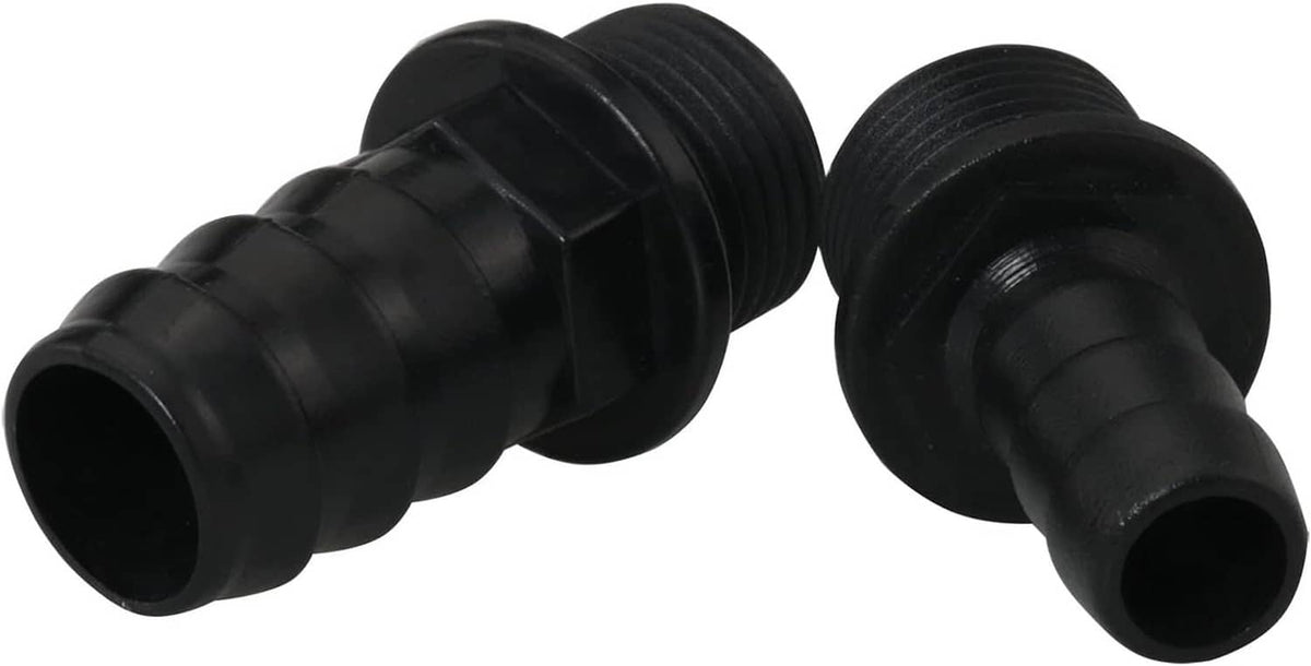 Pair of black plastic nozzle adapters with barbed ends and threaded bases